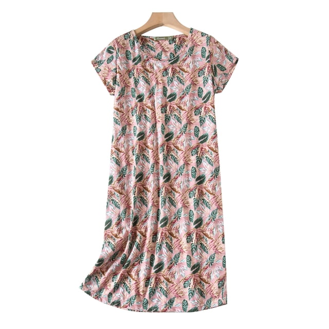 Pyjamas en Coton pour Femmes, Chemise de Nuit Grande Taille Vêtements Tricotés Doux Manches Courtes Col Rond, Rouge S-TG