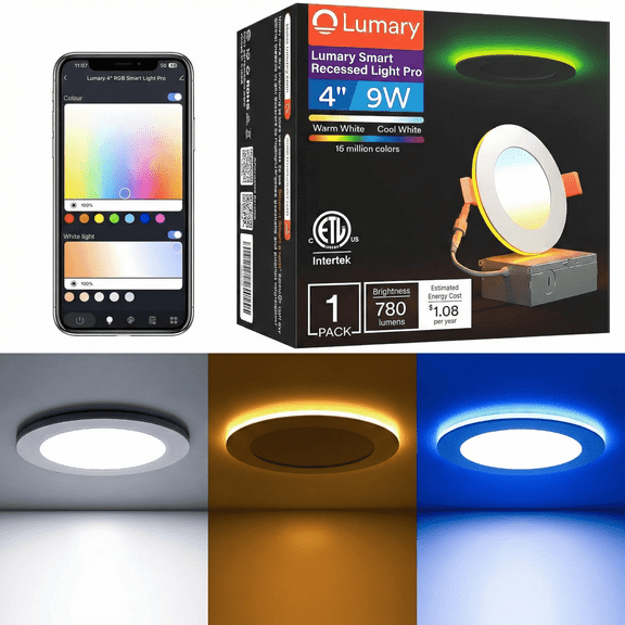 Lumary Smart Recessed Light Pro 4 Inch RGB Night Ring Light LED Wafer Downlight 9W WiFi Voice Control Canless with Junction Box 1 Pack