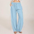 thumbnail image 2 of NIEWTR Linen Trousers for Women Casual Drawstring Elastic Waist Loose Fit Straight Leg Solid Color Pants（A01-Blue,L), 2 of 5