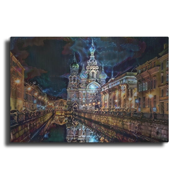 Luxe Metal Art 'Saint Petersburg Russia Church of the Savior on Spilled Blood at night' by Pedro Gavidia, Metal Wall Art, 16"x12"