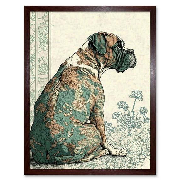 Boxer Dog with Floral Pattern Fur Coat Modern Watercolour and Ink Illustration Art Print Framed Poster Wall Decor 12x16 inch