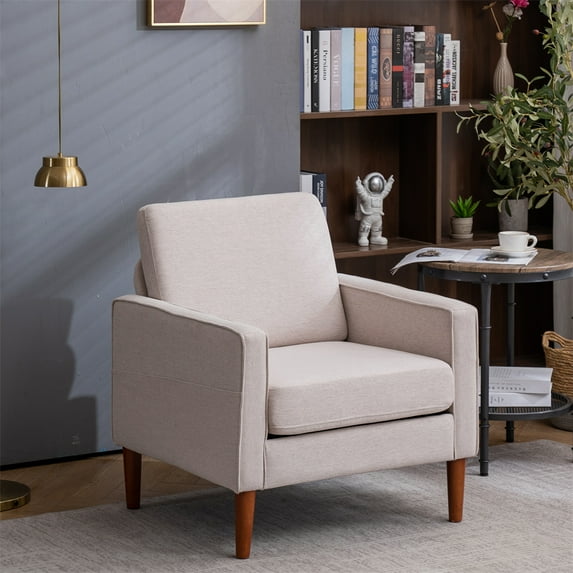 Linen Upholstered Accent Chair, Modern Armchair with Solid Wood Legs, Comfy Reading Arm Chair Single Sofa Chair with Solid Wood Frame for Living Room, Bedroom and Office, Creamy White