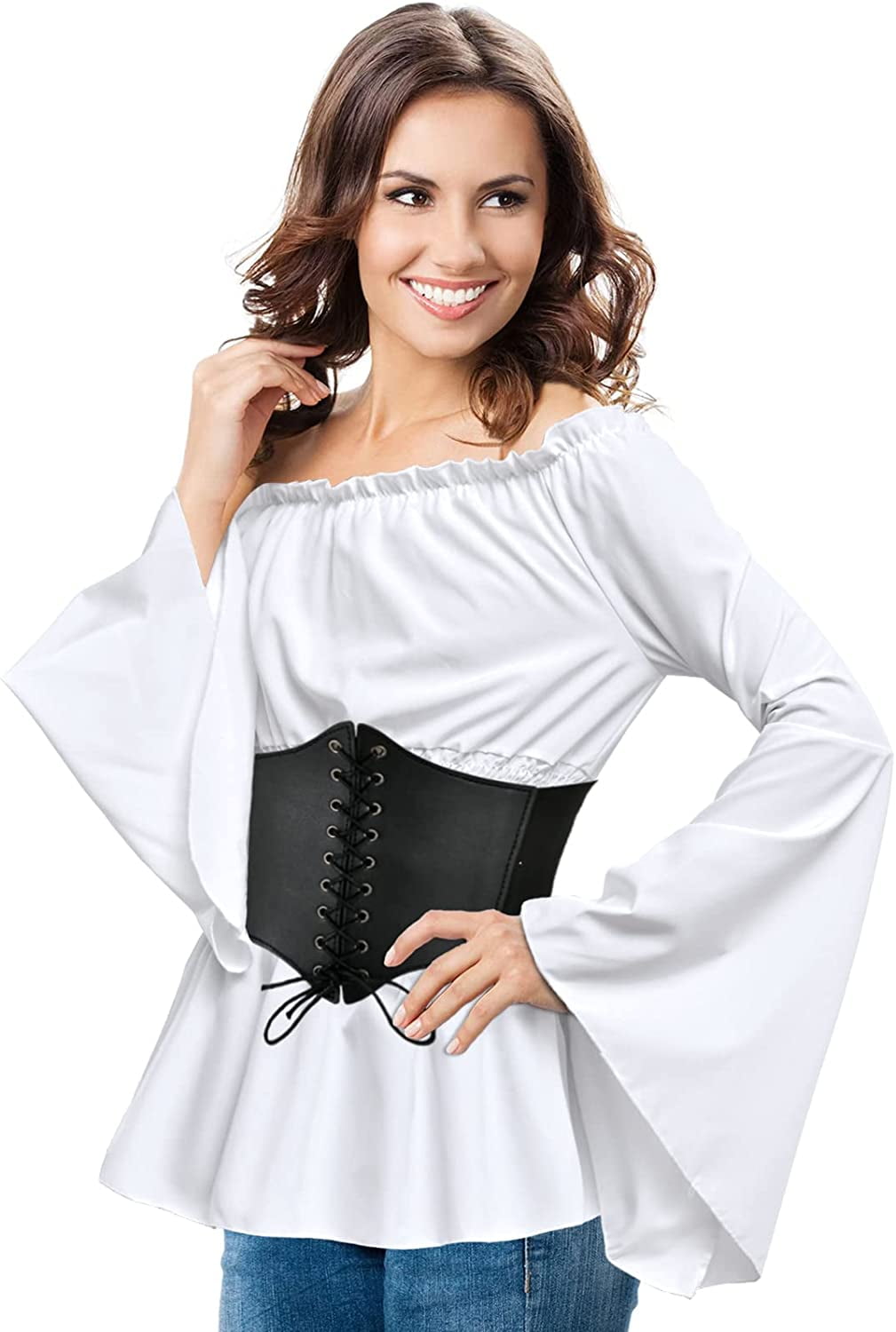 Womens Renaissance Blouse Underbust Corset Pirate Shirt Medieval Tops with  Boned Waist Belt for Halloween Pirate Costumes (Black, X-Large) - Yahoo  Shopping