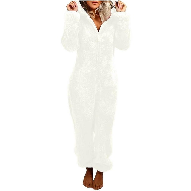 Women Fluffy Fleece Hooded All In Jumpsuit 1sie