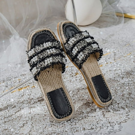 

luxury pearl flat sandals women black/white mixed color beach flip flops cool straw bottom beading slippers women bohemian slide