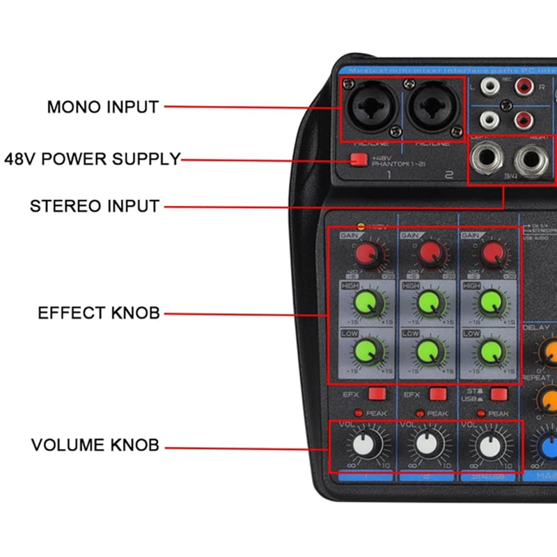 Katigan 4 Channel Audio Mixer Mini Sound Mixing Console Bluetooth 48V Power Supply for Music DJ Recording Karaoke System