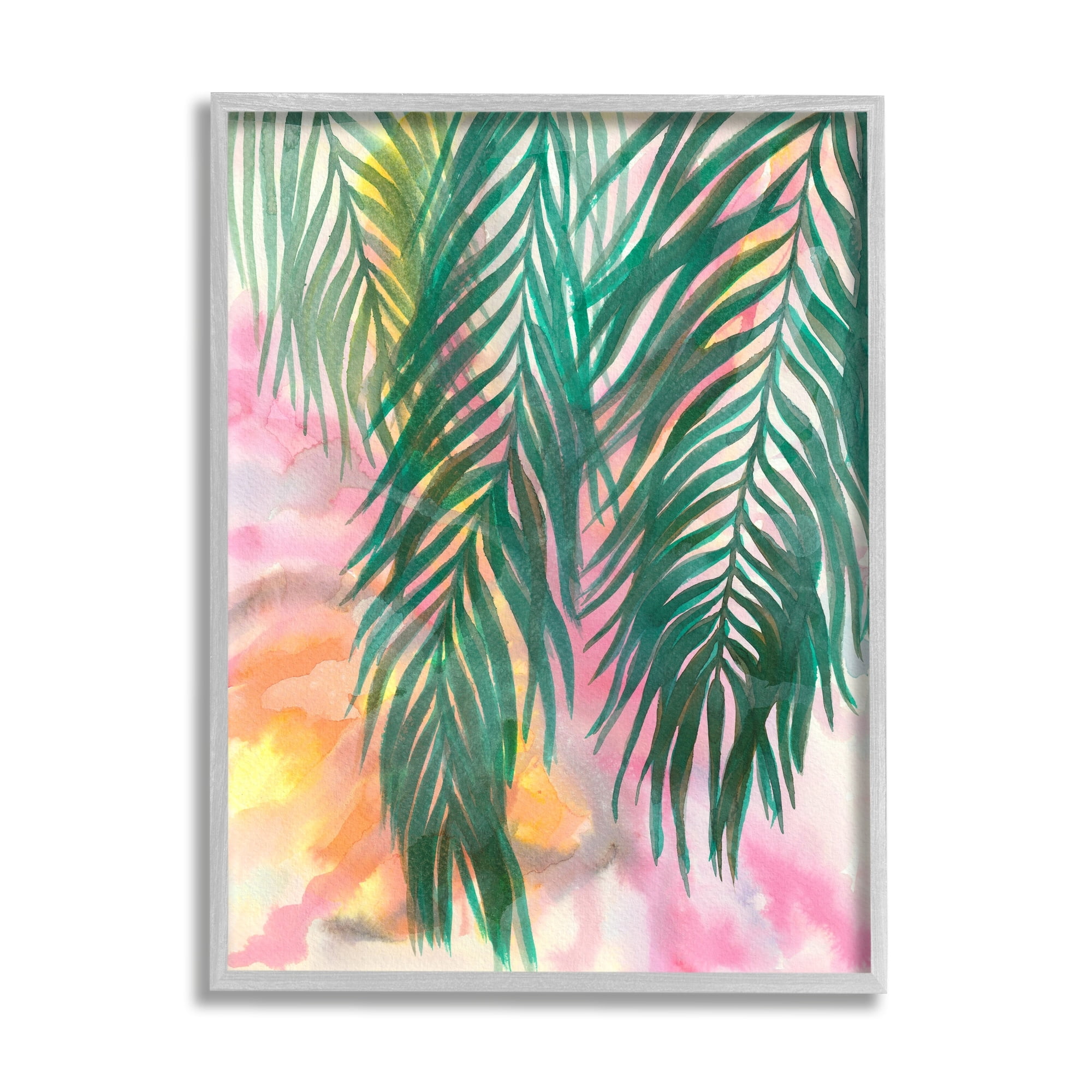 Stupell Industries Hanging Palms Tropical Plant Pink Watercolor Effect Painting Gray Framed Art Print Wall Art, Design by Elvira Errico