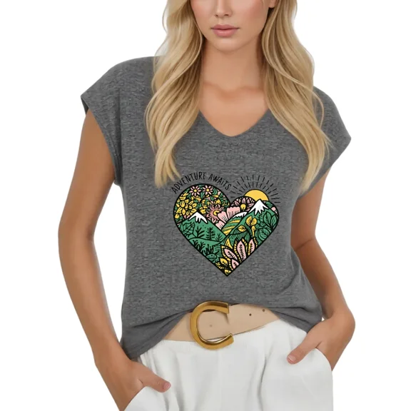 Cozymy Women's Mountain Adventure Heart V-Neck Sleeveless T-Shirt Nature Inspired Casual Graphic Tank Top