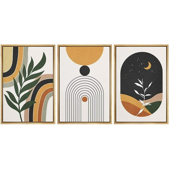 wall26 Framed Canvas Print Wall Art Set Mid-Century Crescent Moon Plant Landscape Nature Abstract Illustrations Modern Art Bohemian Decorative for Living Room, Bedroom, Office - 24"x36"x3 Natural