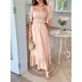 thumbnail image 2 of Women Short Sleeve Midi Dress Square Neck Contrast Color Casual Rick Rack Smocked Dresses Orange Pink L, 2 of 5