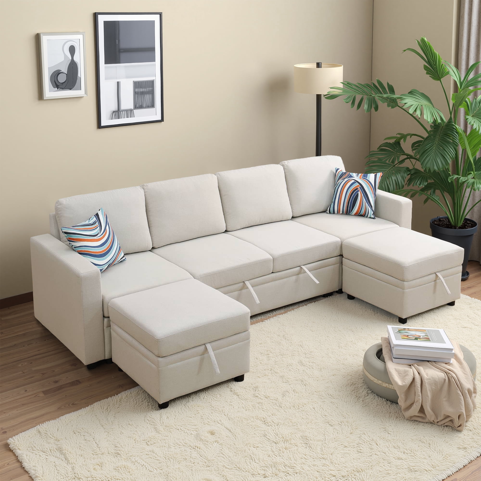 MAYEERTY Off-White Sackcloth 6-Piece Living Room Sofa Bed