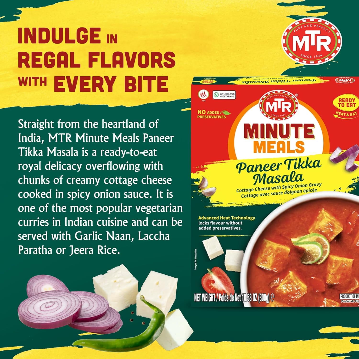 MTR Paneer Tikka Masala - Cottage Cheese with Spicy Onion Gravy - Tasty Indian Meal with No Added Preservatives - A Quick Meal Suitable for Vegetarians, Ready in Minutes! (300g, Pack of 6)