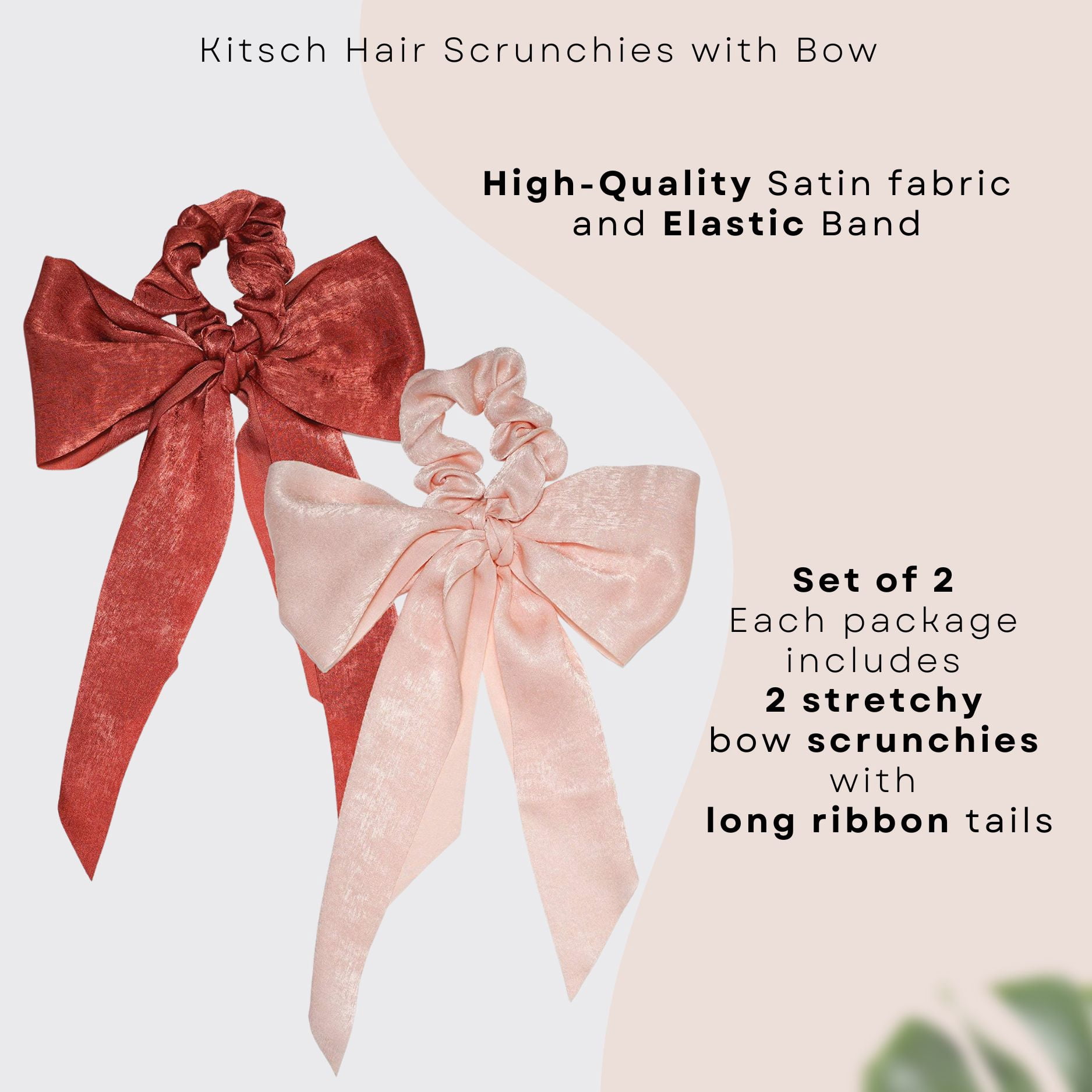 Kitsch Satin Hair Scarf Scrunchie Hair Ties, Blush/Mauve, 2 ct