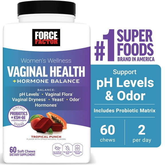 Women’s Wellness Vaginal Health   Hormone Balance, Probiotics Supplement for Women with KSM-66 Ashwagandha & 5B CFUs for pH Balance, Vaginal Flora Support, Tropical Punch, 60 Soft Chews, Force Factor