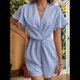 thumbnail image 4 of Mono con Cuello en V y Volantes para Mujer, Liso, Corta, Tirantes en la Espalda, Pantalones Cortos Casuales Holgados. Azul S, 4 of 9