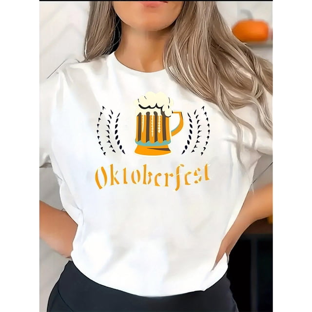 T-Shirt à Imprimé Graphique de Célébration de l'Oktoberfest pour Femmes - T-Shirt Décontracté à Col Rond et Manches Courtes, Mélange Tricot Polyester-Spandex, Haut Sportif Confortable pour Toutes les Saisonsfête des Pères, Fête des Mères, Nouvel An, Spri