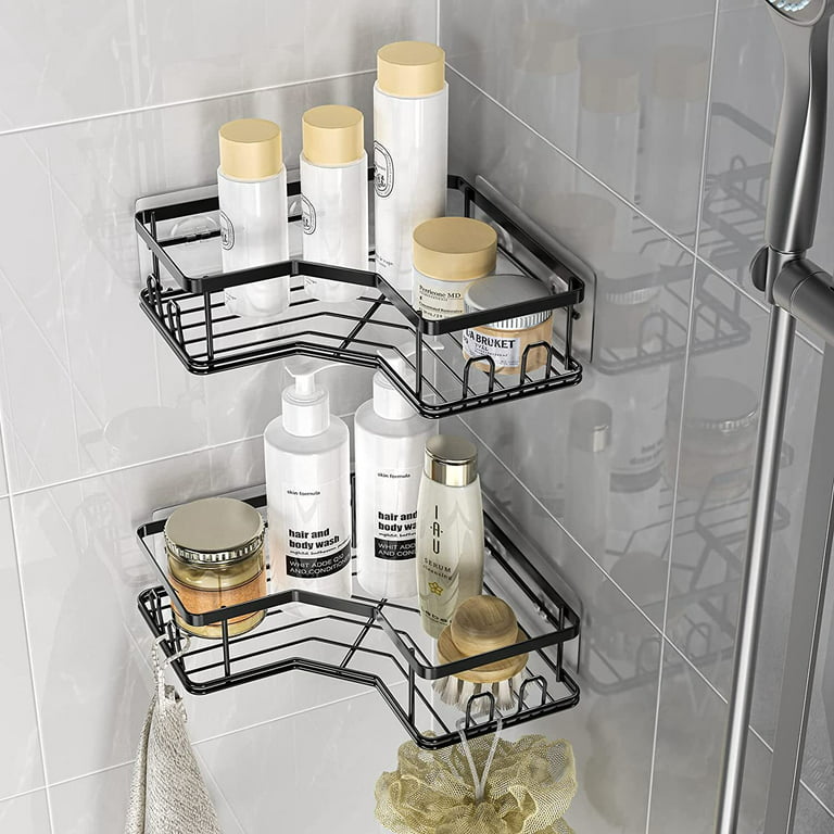 STEUGO Corner Shower Caddy, Adhesive Wall Mounted Bathroom Corner Shower Shelf with 4 Movable Hooks, Rustproof Stainless Steel Bathroom Shower