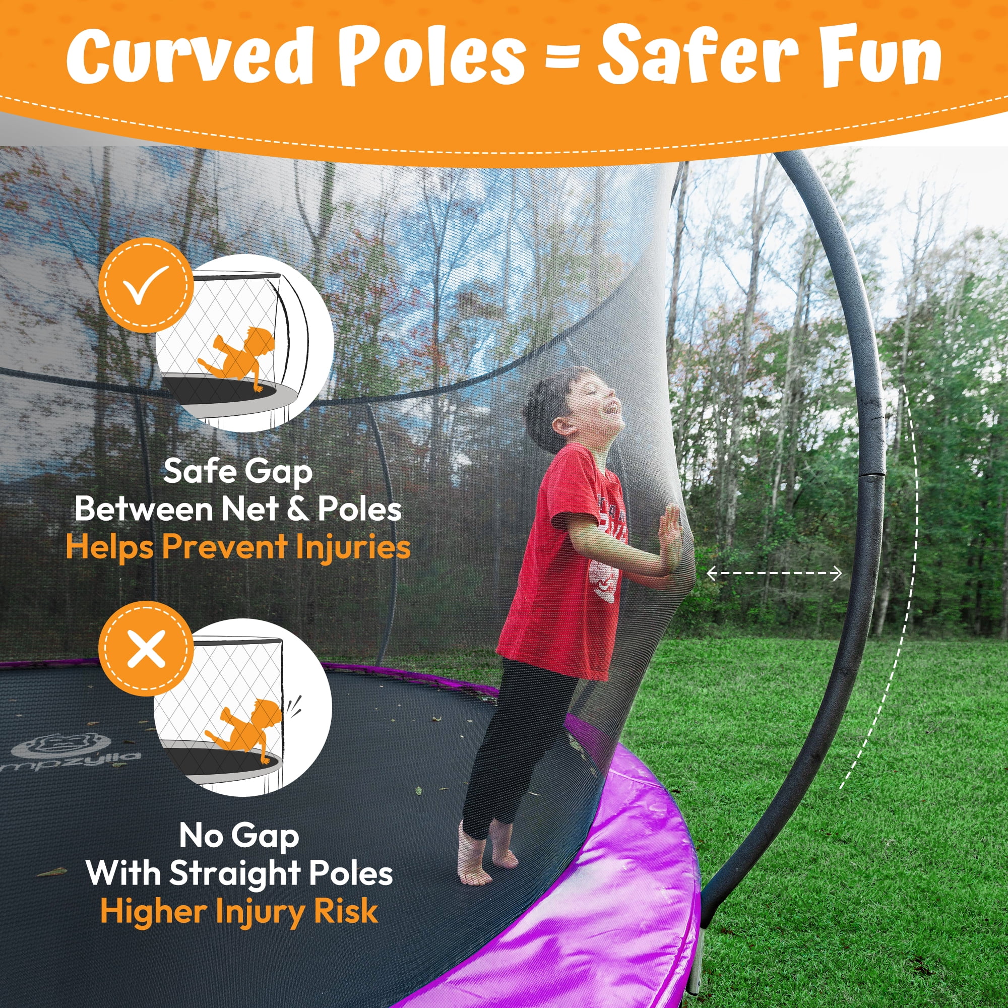 JUMPZYLLA 16FT Trampoline, Double Sided Mat, Curved Safety Poles