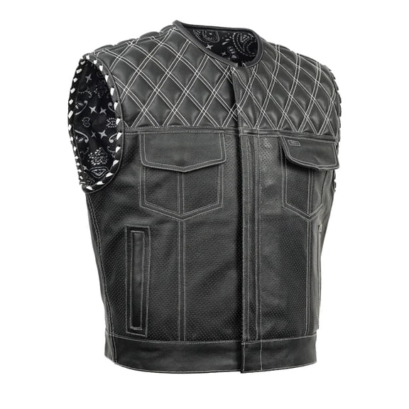 Men's Leather Motorcycle Vest – Club Style Biker Vest with Breathable Panels and Multiple Pockets