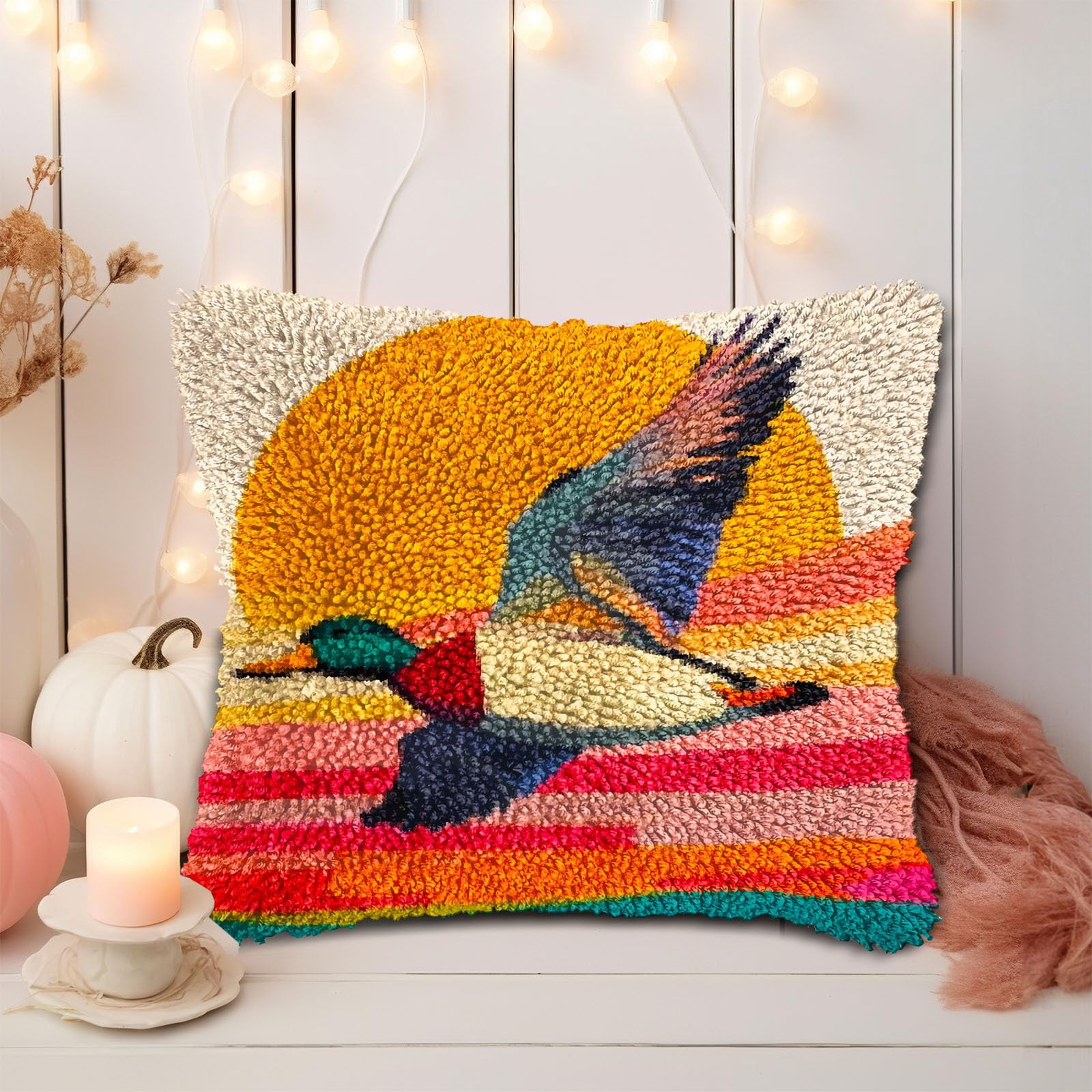 Cartoon Flying Mallard DIY Latch Hook Pillow Kits for Adults Printed Pillowcase Crochet Yarns Hooking Handmade Pillow Cover Cushion for Home Sofa Decoration 17x17inch