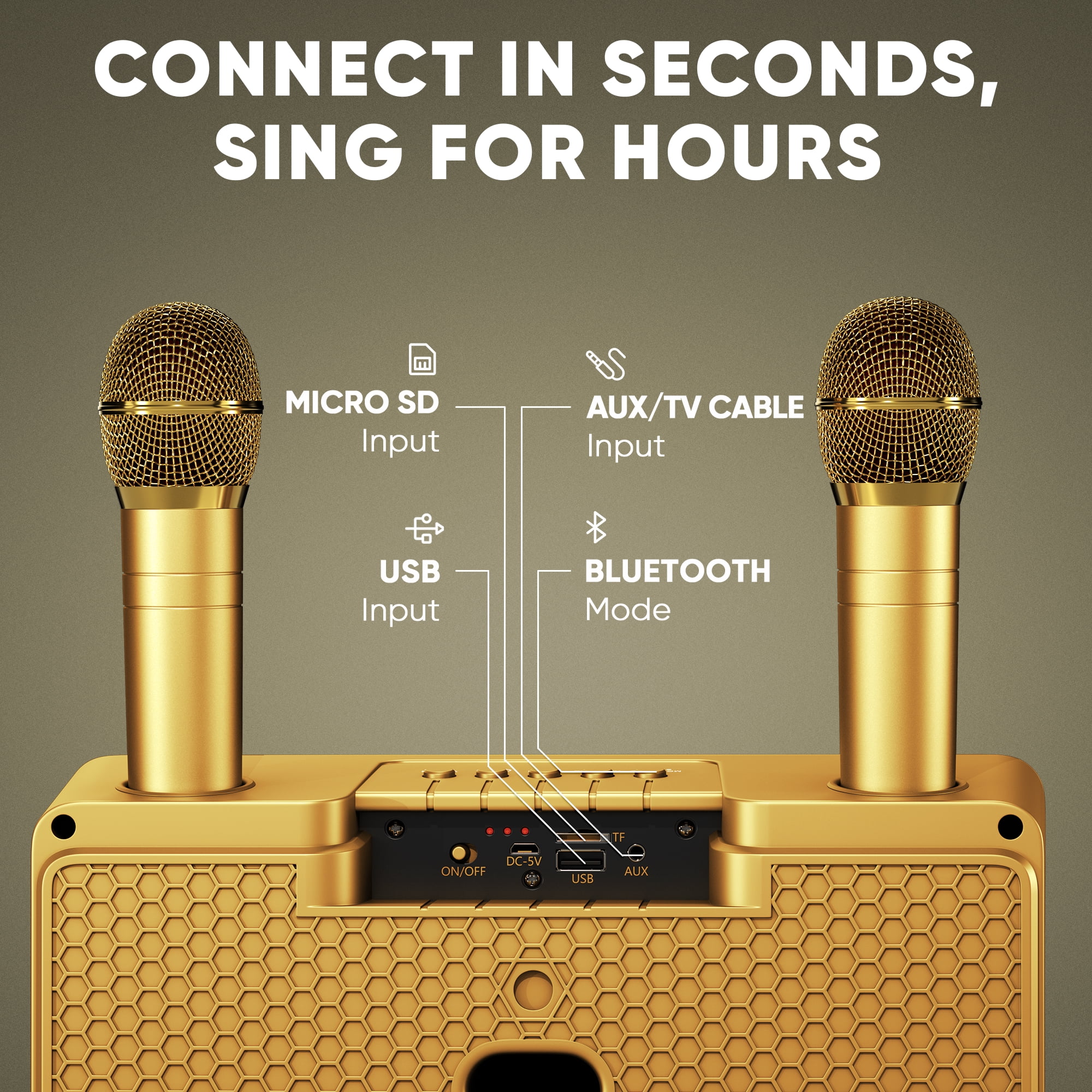 MASINGO Karaoke Machine for Adults and Kids with 2 Wireless Microphones, Portable Bluetooth Singing Speaker, Colorful LED Lights, PA System, Lyrics Display Holder & TV Cable - Presto G2 (Gold)