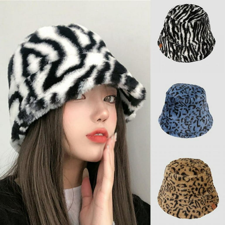 New Fashion Women Retro Bucket Hat Faux Fur Fisherman Cap Multicolor Soft  Warm Cloche Hats Winter Outdoor Casual Accessories, Zebra Stripes 1