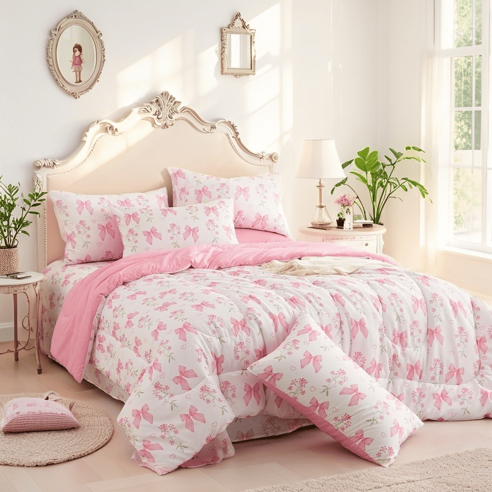 JOLUSERE Pink Bowknot Girls Comforter Set Twin Size, 3 Pieces Bows Princess Style Bedding Set for Girls for All Season
