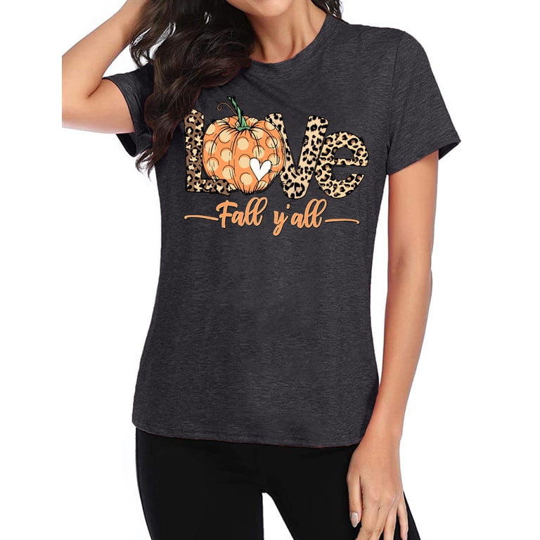 Happy Fall Y'all Shirt - Women's Funny Graphic Tee | Halloween Thanksgiving Letter Print Short Sleeve Top