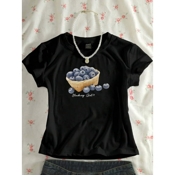 Women's Y2K Blueberry Fruit Print Short T-Shirt, White Summer Short Sleeve Tee