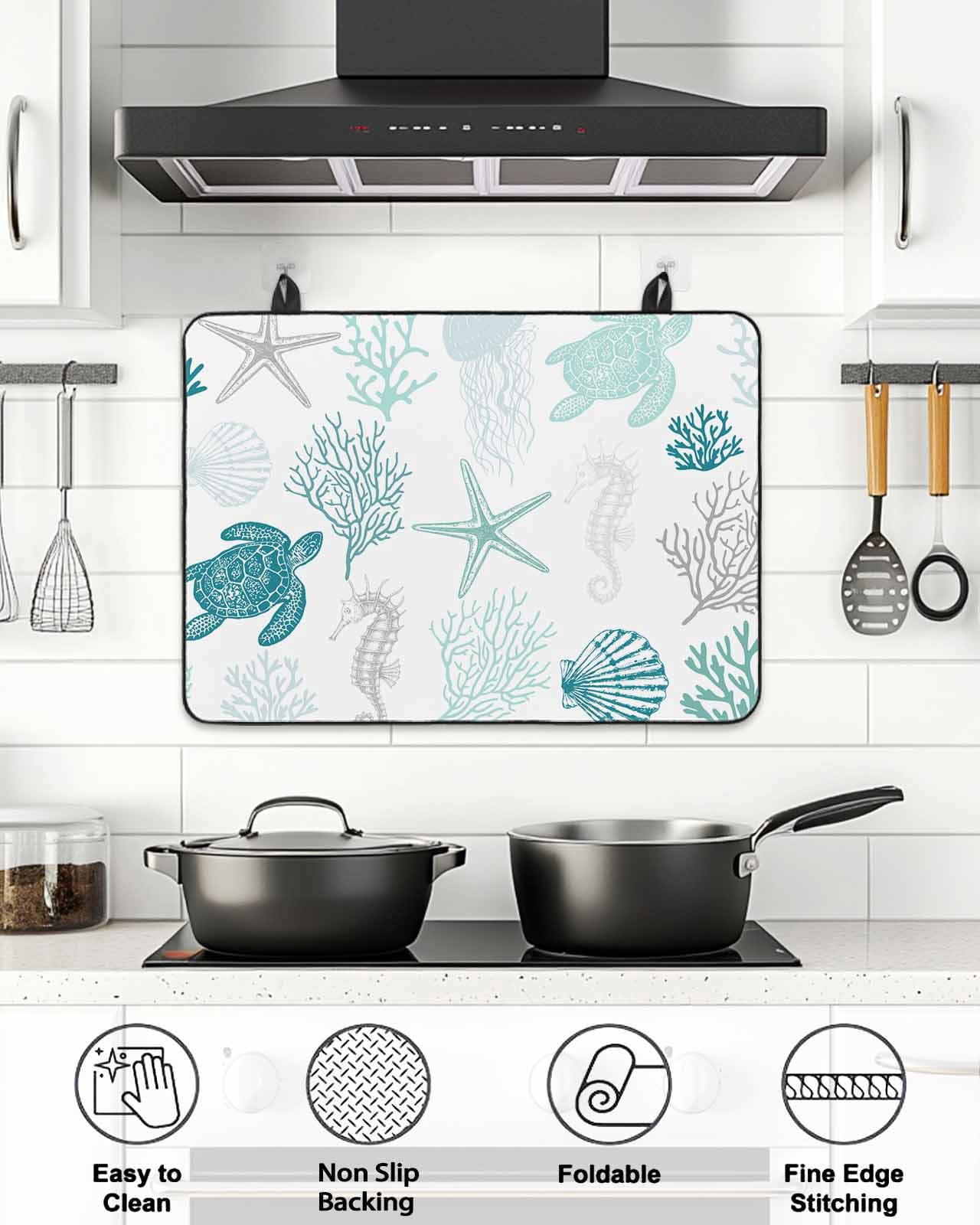 Stove Top Covers for Electric Stove, Turquoise Coastal Glass Stovetop Cover Protector, Nautical Summer Beach Coral Sea Turtle Induction Cooktop Protector Oven Mat for Kitchen Countertop 24"x21"