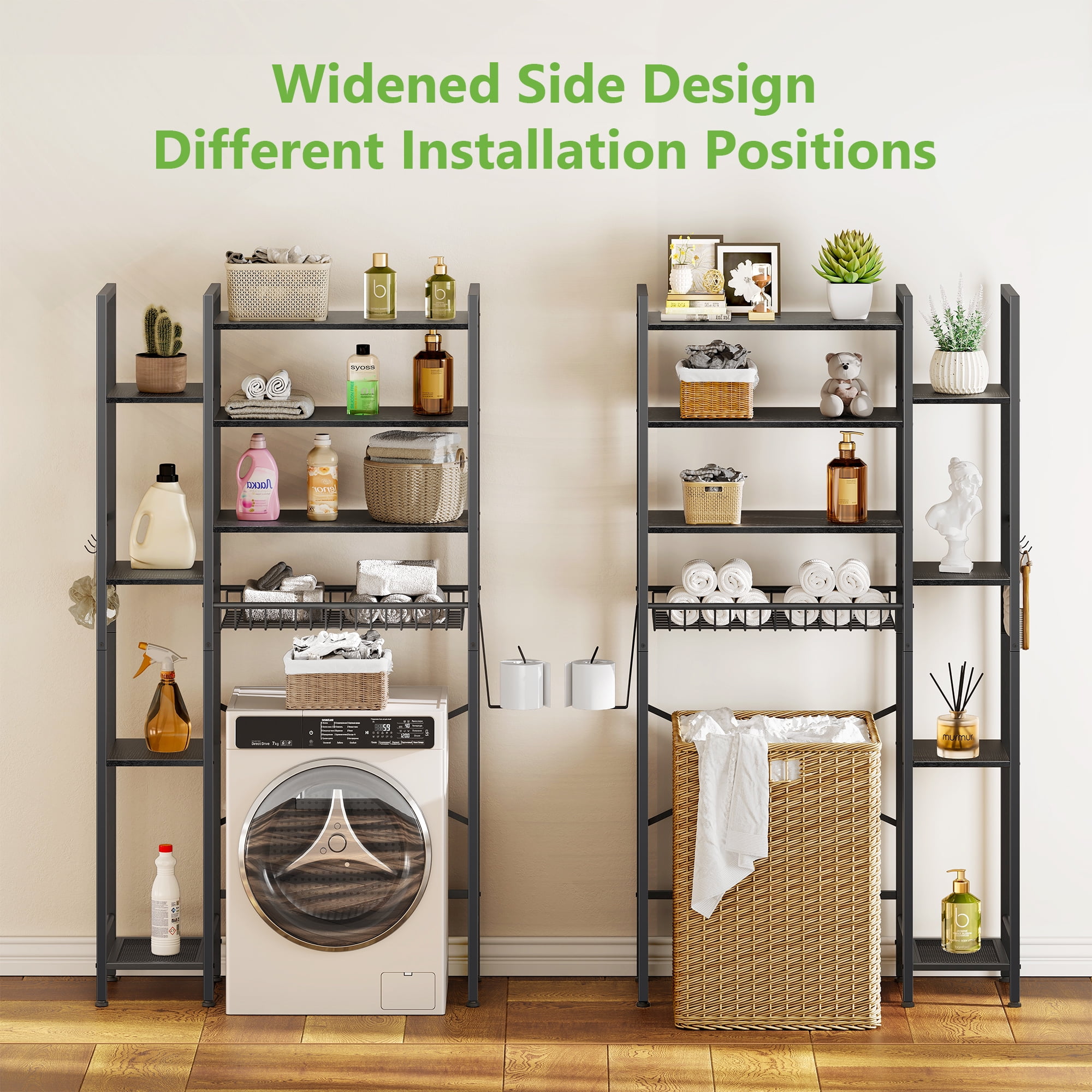 Biemlerfn 8-Tier Over the Toilet Rack, Bathroom Storage Organizer with Adjustable Shelves, Toilet Paper Holder & Hooks, Black