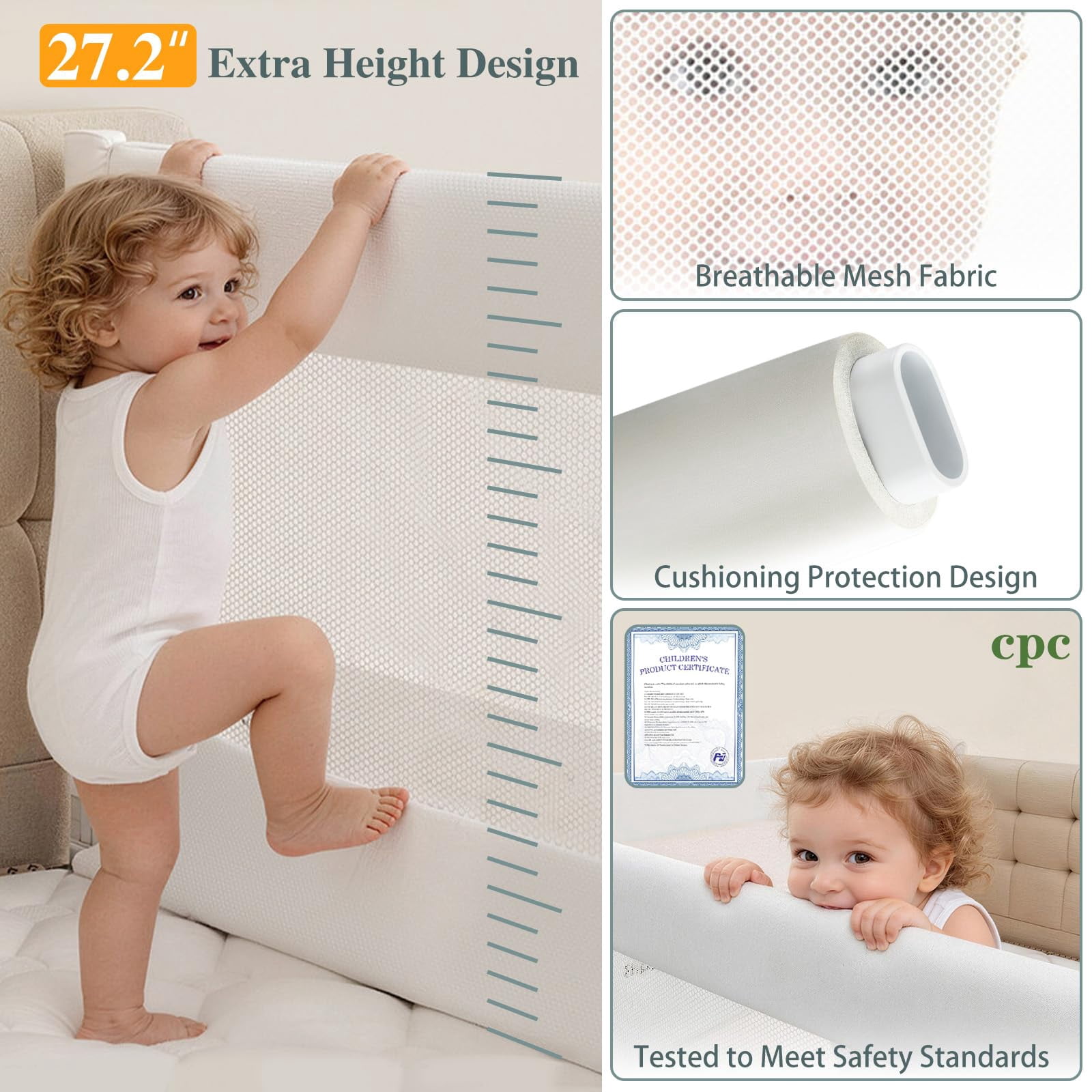 3-Piece Queen Size Bed Rail for Toddlers, Adjustable Baby Bed Rail Guard, Stable Protective Bedrail, 79.92"×79.92"×59.84", White