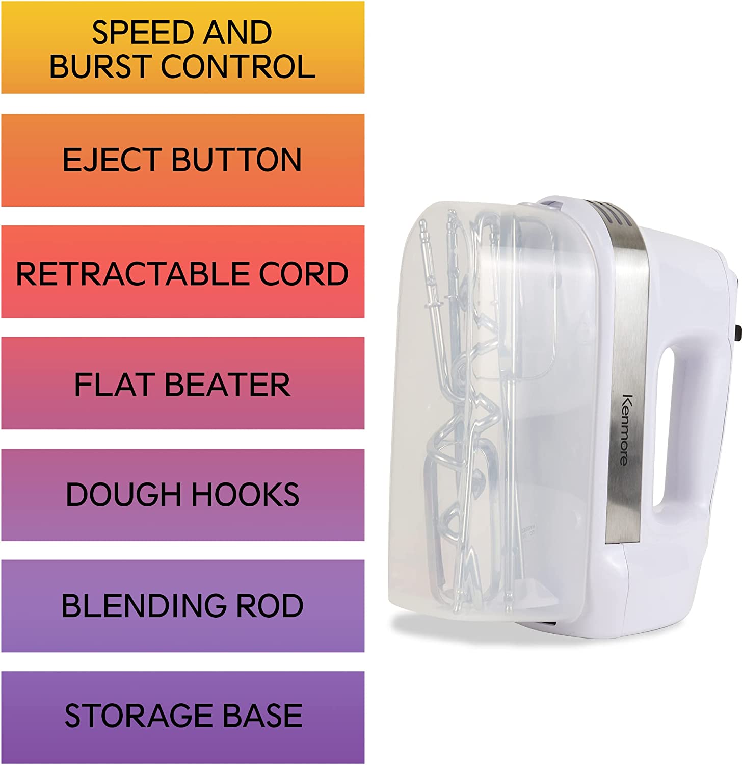 5-Speed Hand Mixer with 250W Motor, Beaters, Dough Hooks, and Cord Retract for Baking