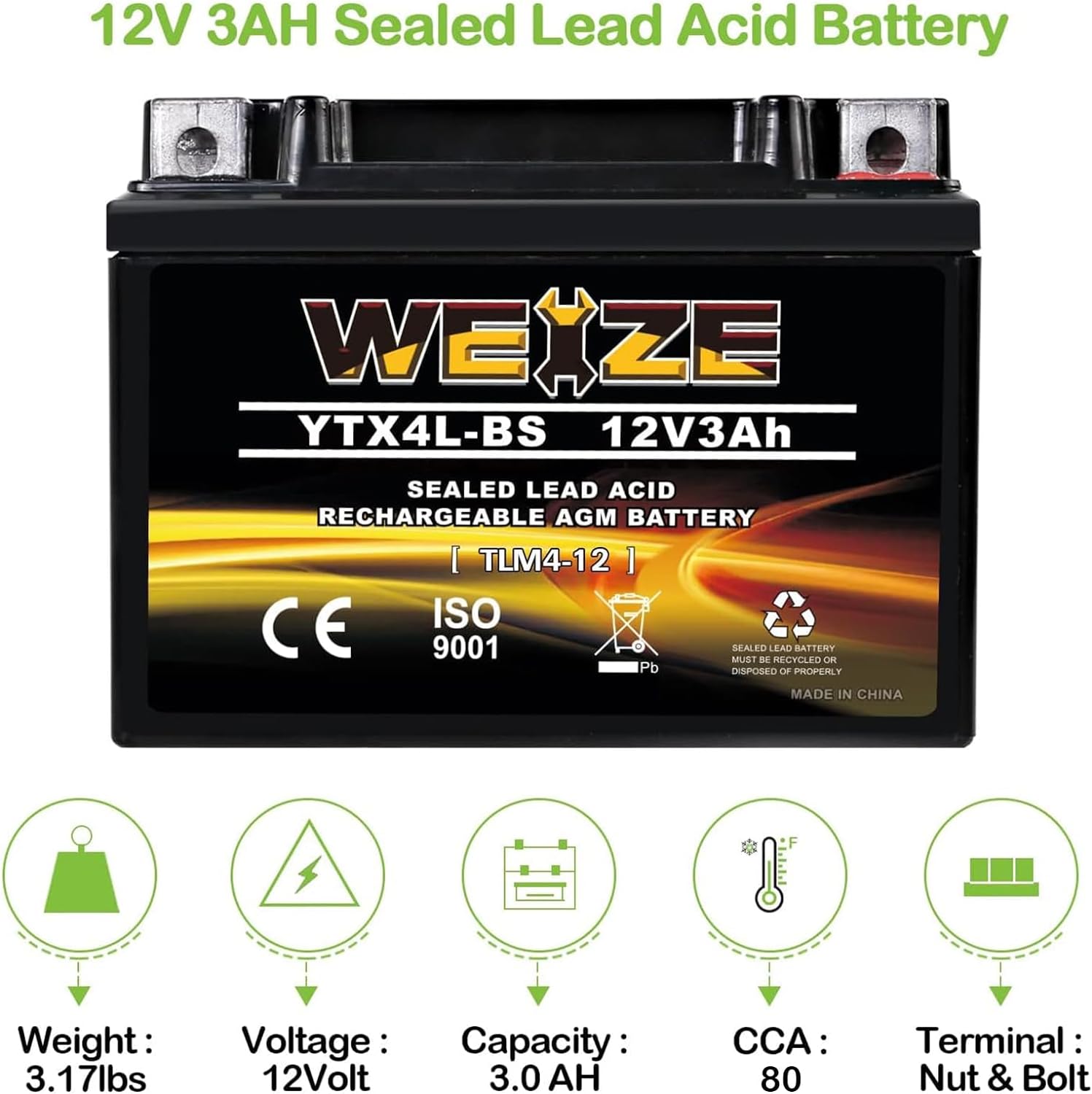 YTX14 BS ATV Battery High Performance - Maintenance Free - Sealed AGM YTX14-BS Motorcycle Battery compatible with Honda Suzuki Kawasaki Yamaha scooter snowmobile
