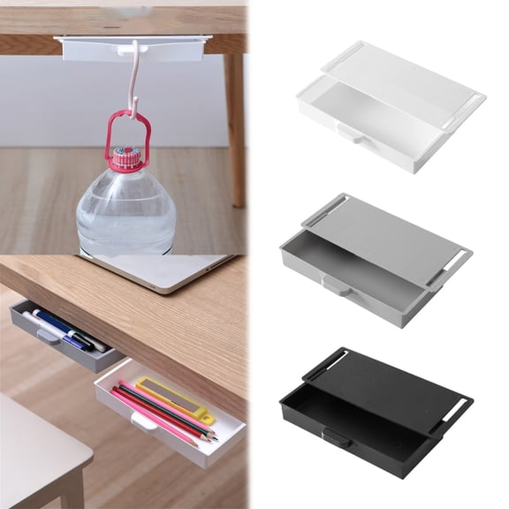 SeekLGT Hidden Under Black Desk Drawer, Space Saving Organizer for Pens Makeups and Jewelry, Black Adhesive Plastic Storage Box for Office and Home, 1pc