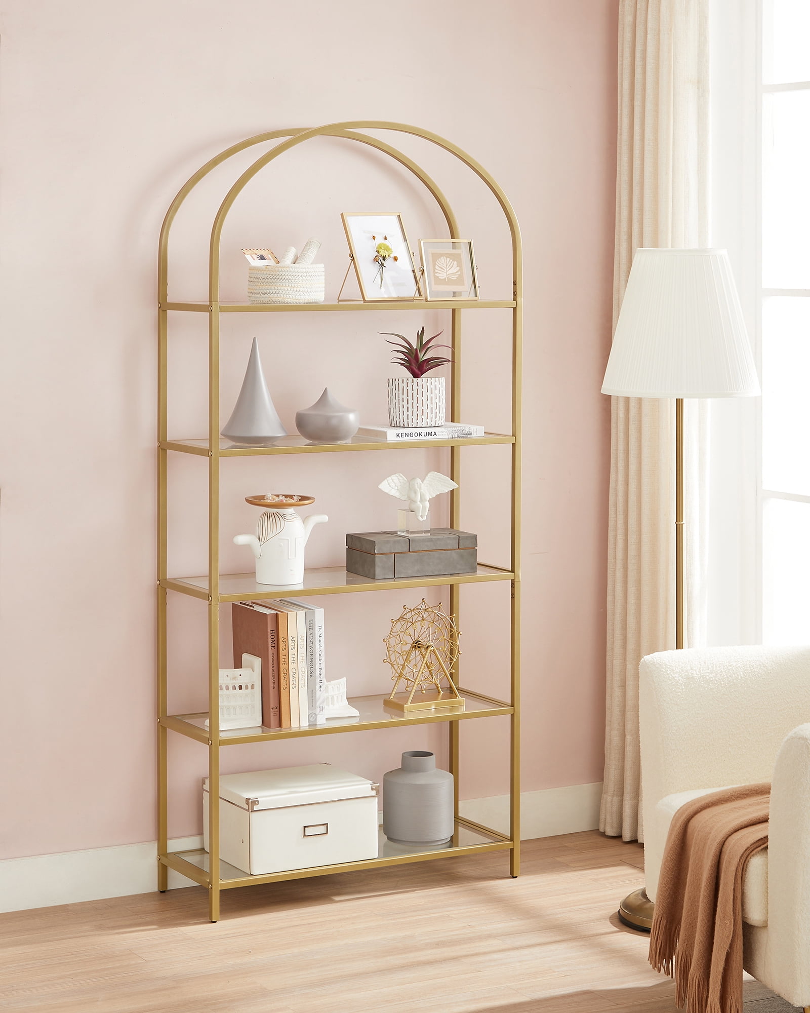 VASAGLE 5-Tier Gold Bookshelf Display Storage Shelf Modern Bookcase with Metal Frame for Bedroom Living Room Golden