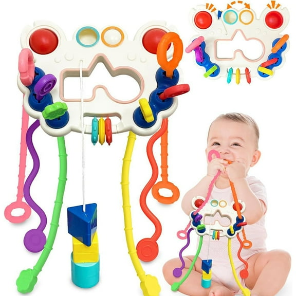 Loespoir Animals Themed Sensory Pull String Toy, Fine Motor Skill and Sensory Development Toy, Safe ABS Material Pull Toy, For Exciting Colors Play, Washable Designs, Infant Activity