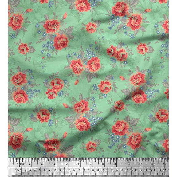 Soimoi Cotton Duck Fabric Leaves & Rose Floral Print Fabric by Yard 42 Inch Wide