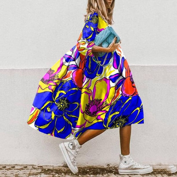 Women Floral Print A-Line Dress Summer Fashion O Neck Loose Office Party Dresses Casual Half Sleeved Boho Beach Dress VestidosL Gao Jinjia LED