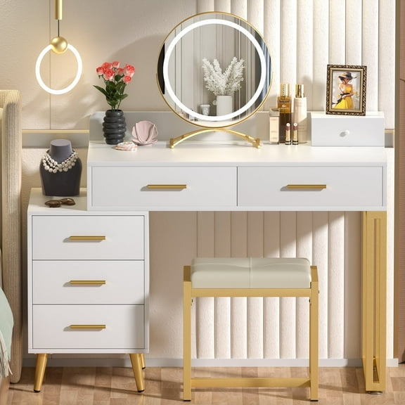 Homieasy White Vanity Desk with Mirror and Lights, Modern Makeup Vanity Table Set with 6 Storage Drawers and Cushioned Stool for Bedroom, Dressing Table with Divided Organizers for Women , White