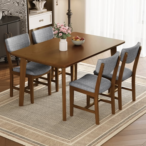 5-Piece Dining Table Set for 4, Wooden Breakfast Table Set with 4 Upholstered Chairs, Small Dining Room Table Set with Footrest for Living Room, Walnut