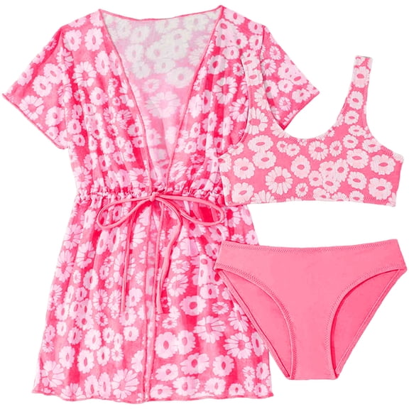 TOWED22 Girl's Swimsuits 3 Piece Seashell Spaghetti Strap Textured Bathing Suit with Cover Up Hot Pink,11-12 Y