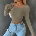 thumbnail image 2 of WREESH Womens Fashion Crop Tops Square-Neck Solid Color Knit Slim Long Sleeve Blouse Tops Green, 2 of 7