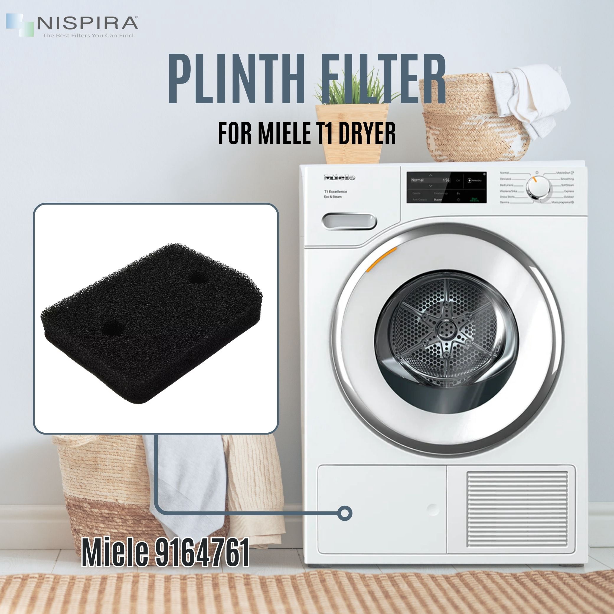 Nispira 9164761 Plinth Filter Replacement Compatible With Miele T1 Heat Pump Tumble Dryers TMB540WP TKS850WP TKG840WP TKS650WP TKB150WP TKG450WP TCJ680WP TCE520WP, 4 Packs