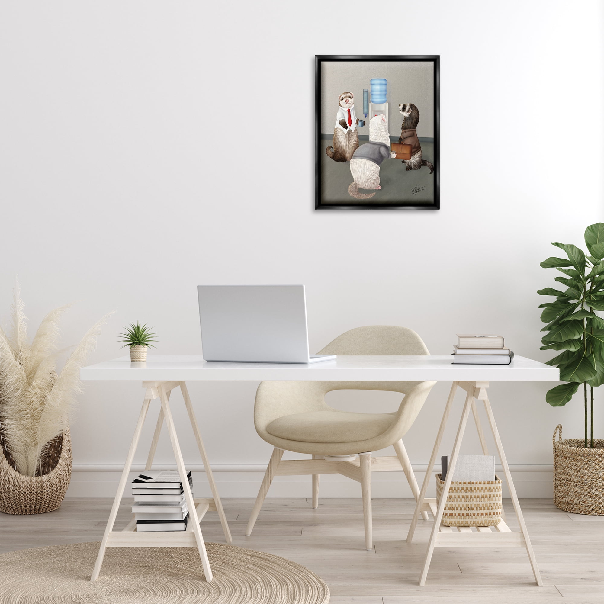 Stupell Industries Office Ferrets Water Cooler Animals & Insects Painting Black Floater Framed Canvas Art Print Wall Art, 17 x 21