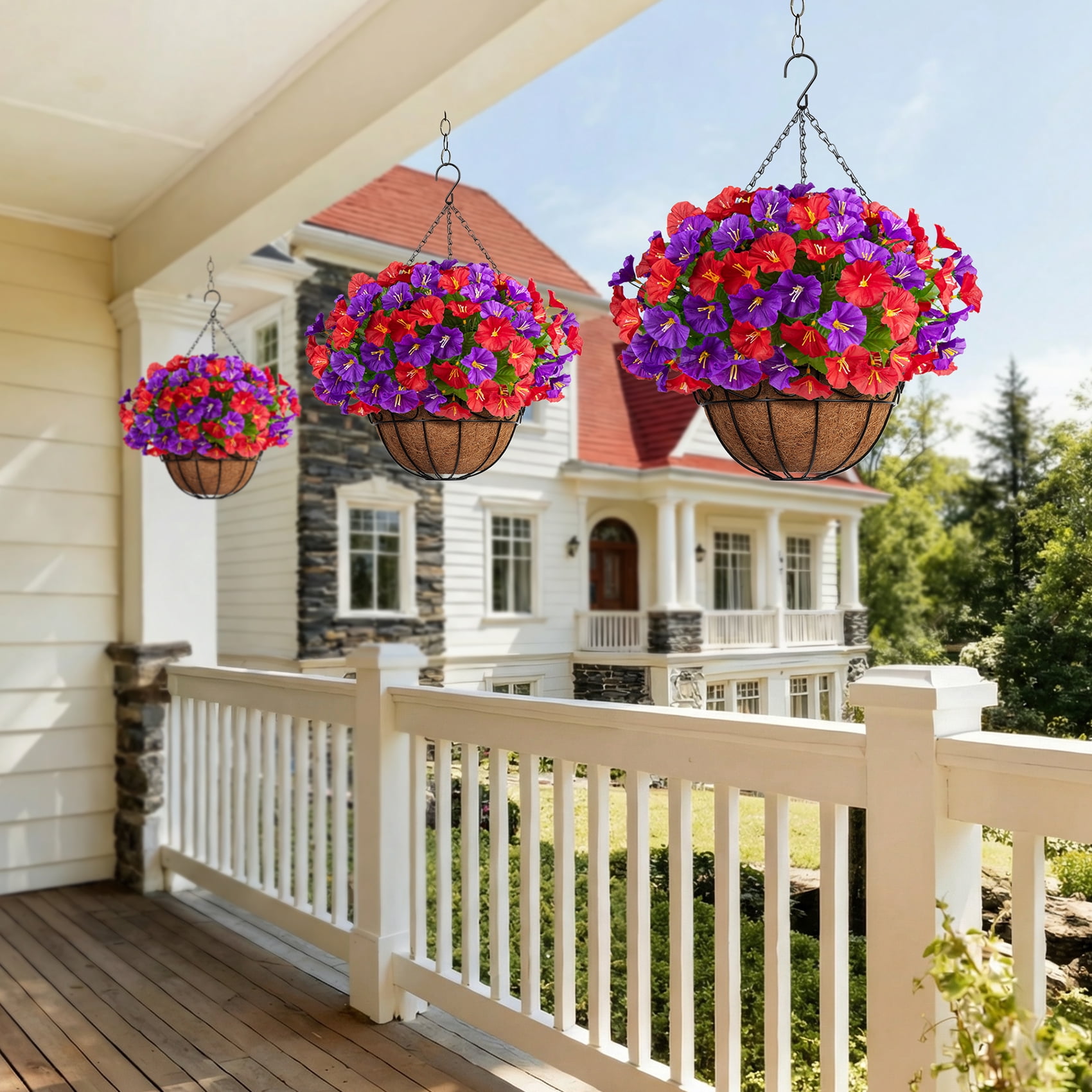 AcerichFad Artificial Hanging Flowers, 4 PCS Fake Silk Flowers Faux Plants with Coconut Basket for Spring Summer Indoor Outdoor Home Decor, Red Purple