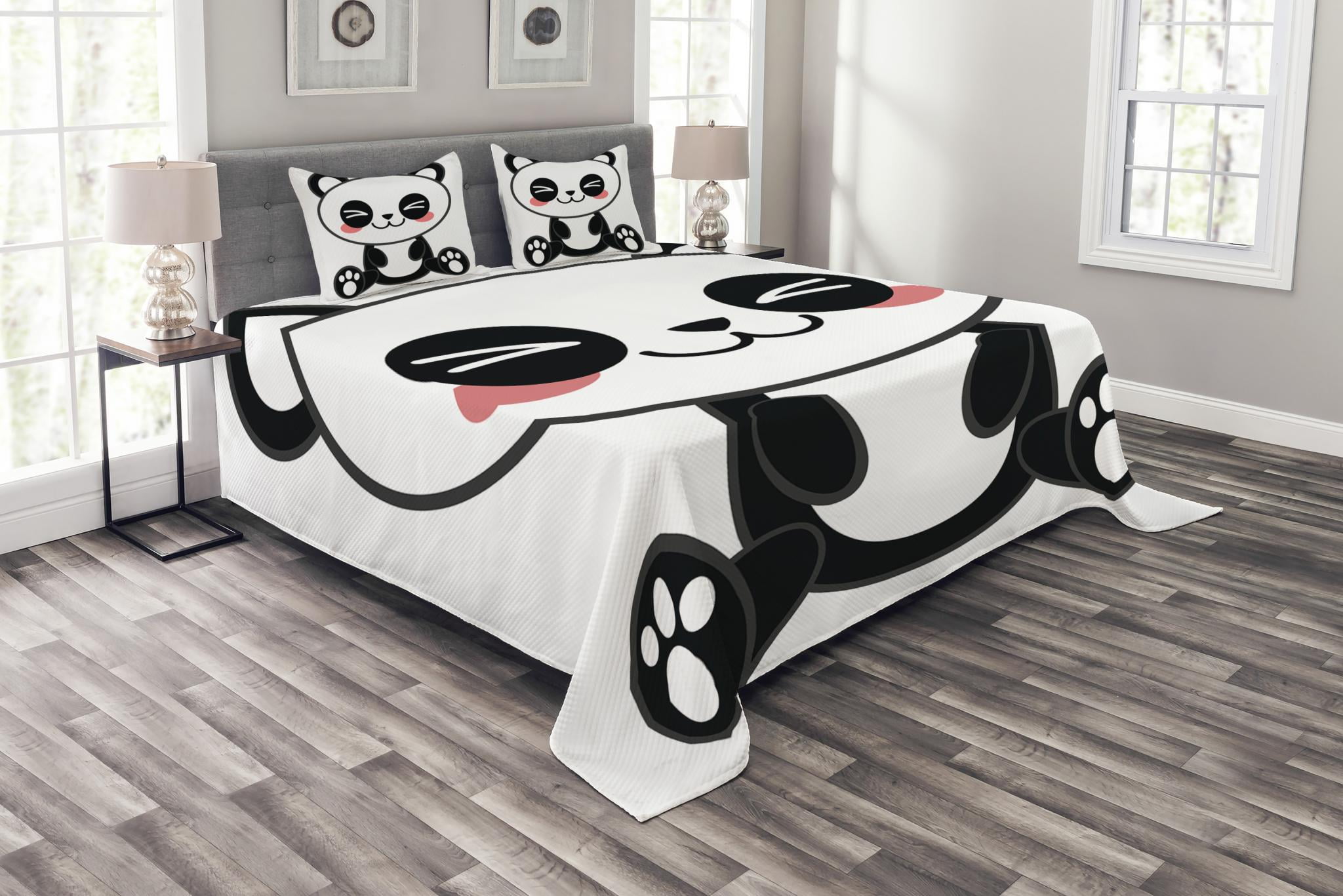 Anime Bedspread Set Queen Size, Cute Cartoon Smiling Panda Fun Animal ...