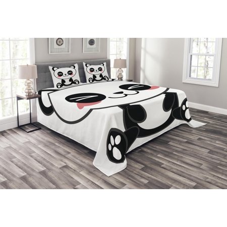 Anime Bedspread Set, Cute Cartoon Smiling Panda Fun Animal Theme Japanese Manga Kids Teen Art Print, Decorative Quilted Coverlet Set with Pillow Shams Included, Black White Gray, by