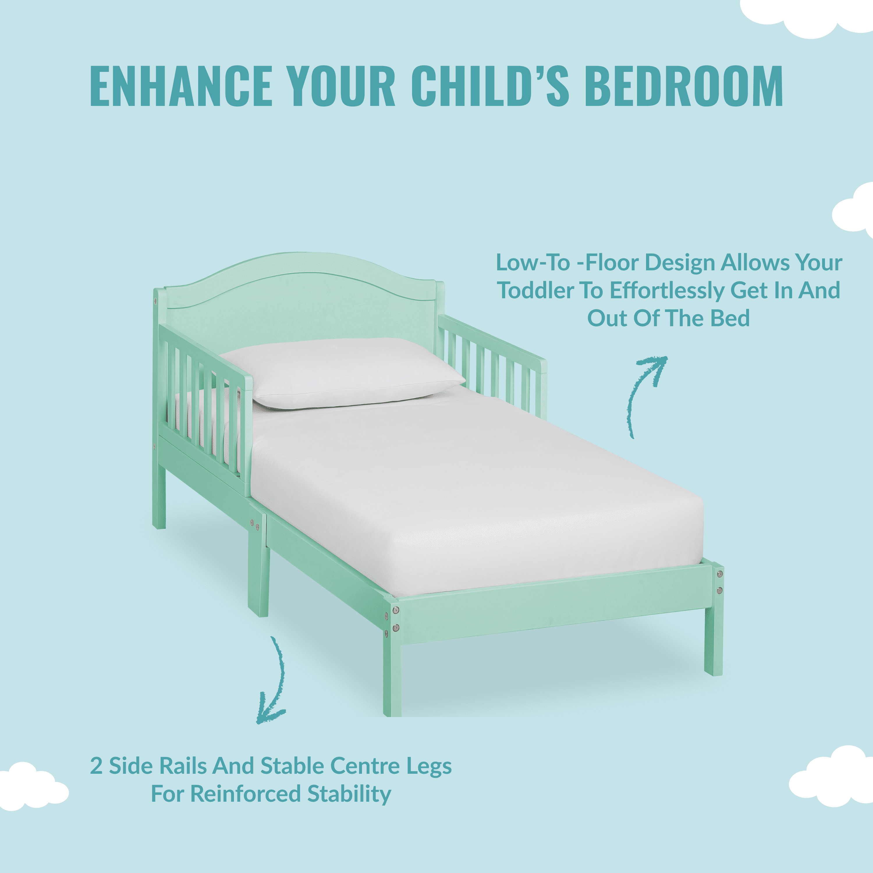 Dream On Me Sydney Kid's Twin Wooden Toddler Bed with Safety Rails, Mint Green