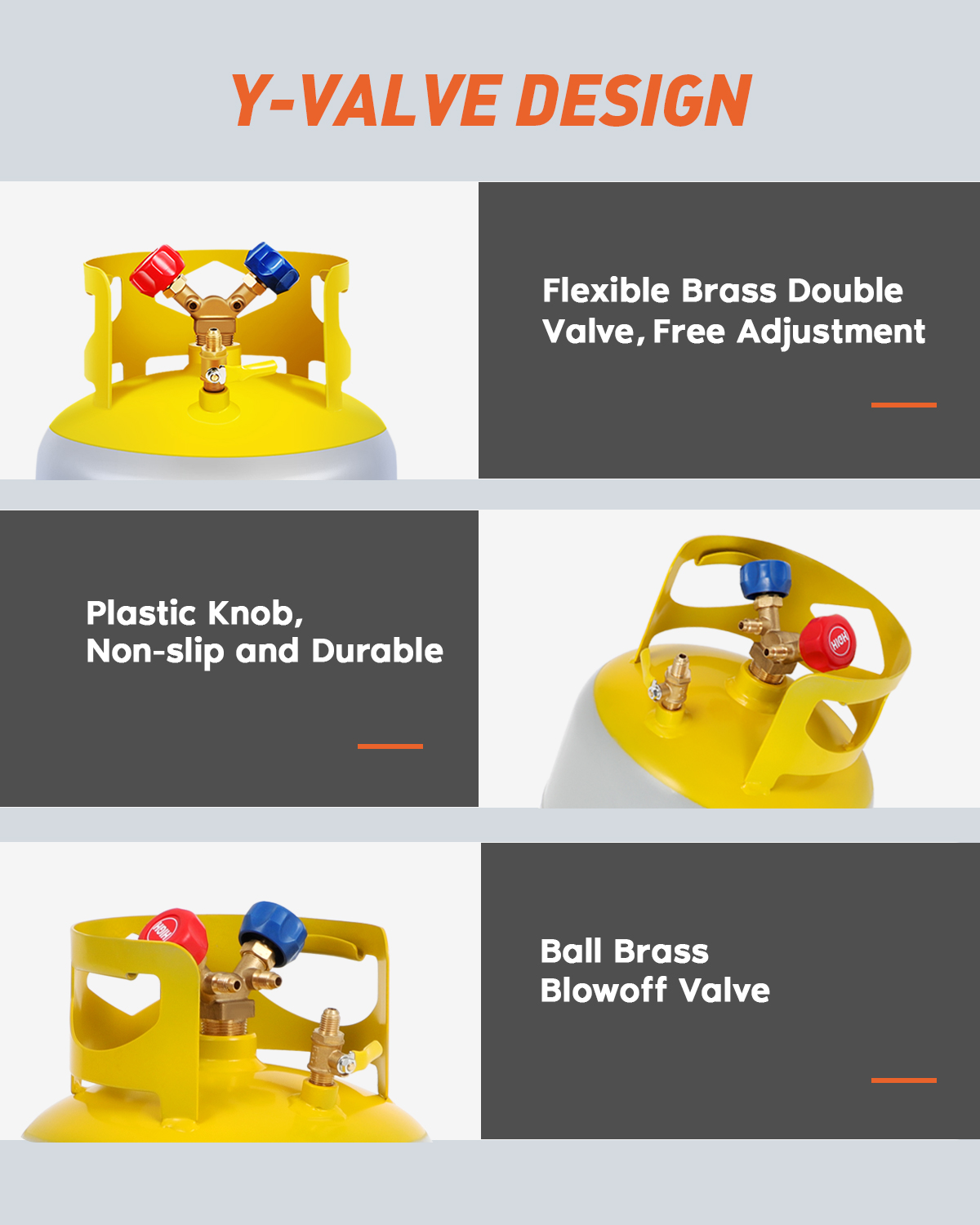 50 LB Capacity Refrigerant Tank With Double Valve Collar Design Reusable Save Valve And Collar Design Reusable 14 Inch SAE Y Valve Gray Yellow